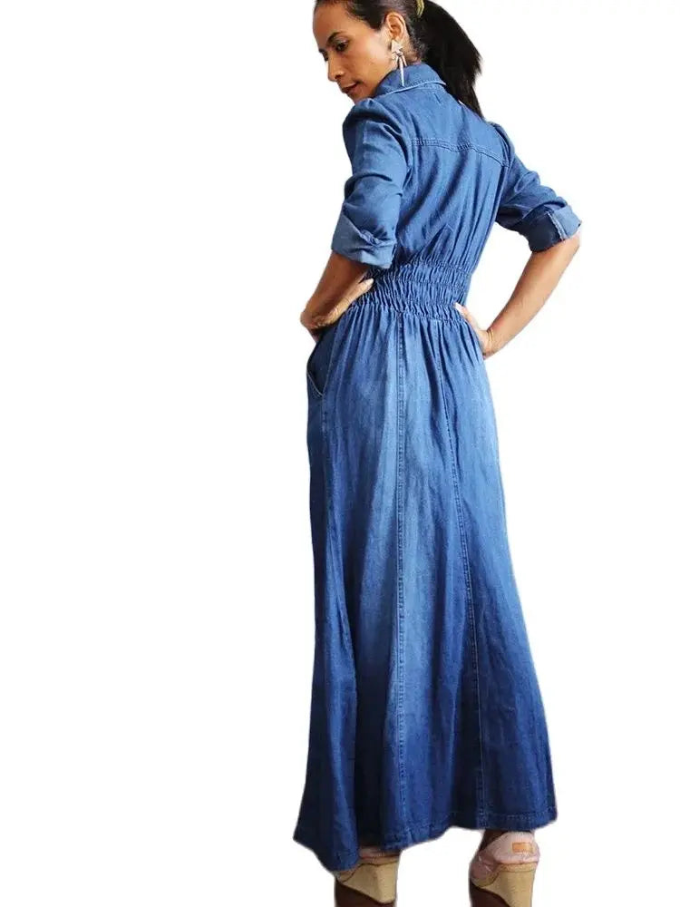 jinran Dress for Women 2024 Spring Korean Fashion Vintage Denim Dress A-line Long Sleeve Button Zipper Pocket Maxi Dress Lady Clothing