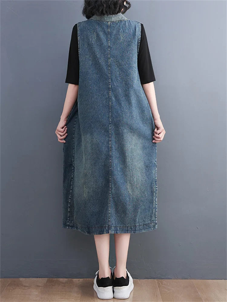 jinran Oversized Summer Fashion Vintage Loose Sleeveless Denim Dress Korea New Ladies Casual Big Size Lace Up Blue Denim Vest Dress