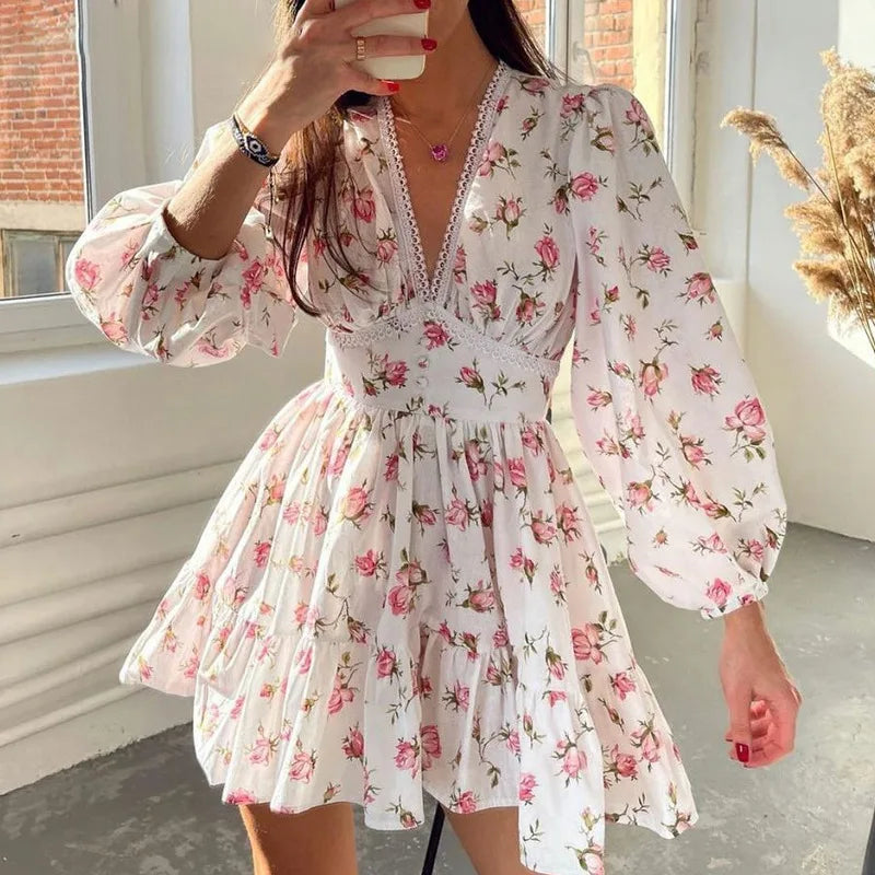 jinran Vintage Women Summer Mini Dress Long Sleeve Floral Print Ruffles V Neck High Waist A-Line Cocktail Vestidos