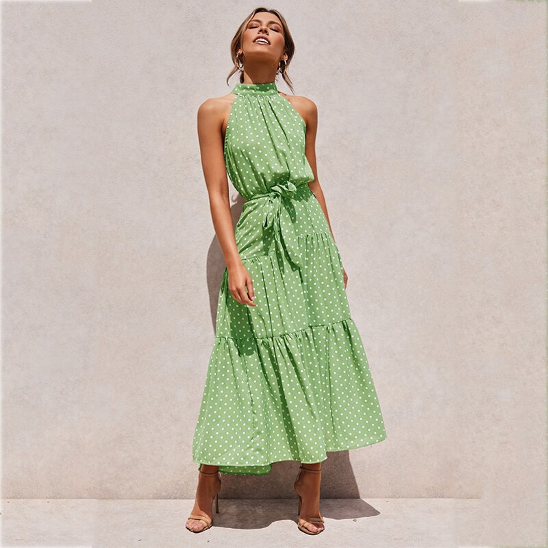 jinran Polka Dots Vintage Women Summer Halter Maxi Boho Dress Sleevless Navy Blue Floral Print Long Sash Beige A-line Beach Casual Robe