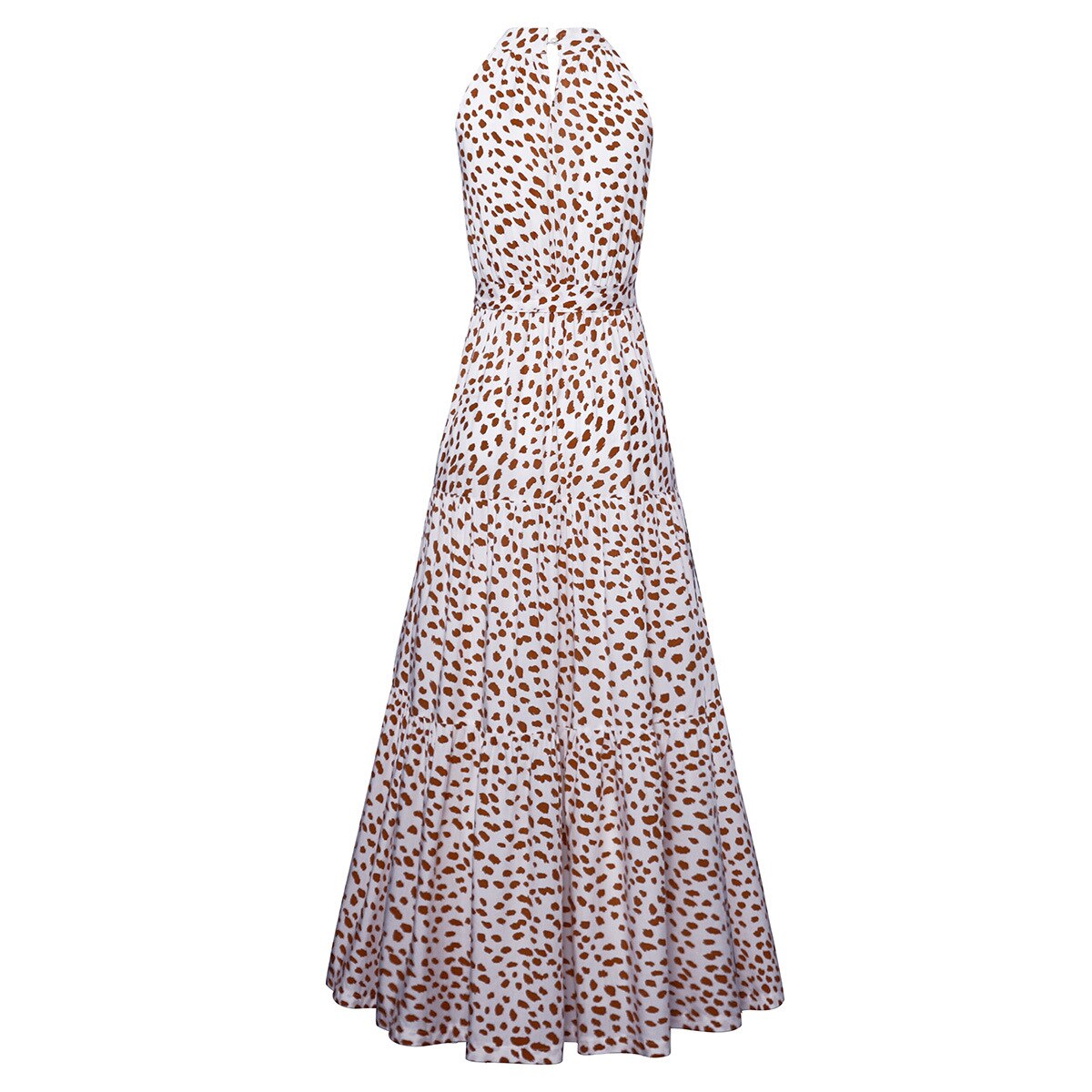 jinran Polka Dots Vintage Women Summer Halter Maxi Boho Dress Sleevless Navy Blue Floral Print Long Sash Beige A-line Beach Casual Robe