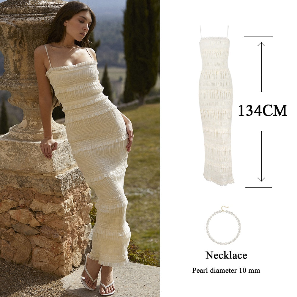 jinran Mingmingxi Luxury Gathered Maxi Formal Occasion Dresses Beige Spaghetti Strap Wedding Party Dresses Summer Prom Dress