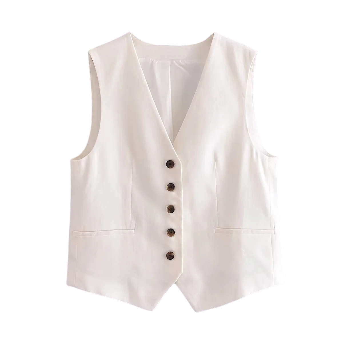 jinran Cotton Linen Brown Spring Summer Pockets Shorts Vest Set Sleevless Button Up V Neck Wide Leg Outfits 2 Pcs Suit Femme