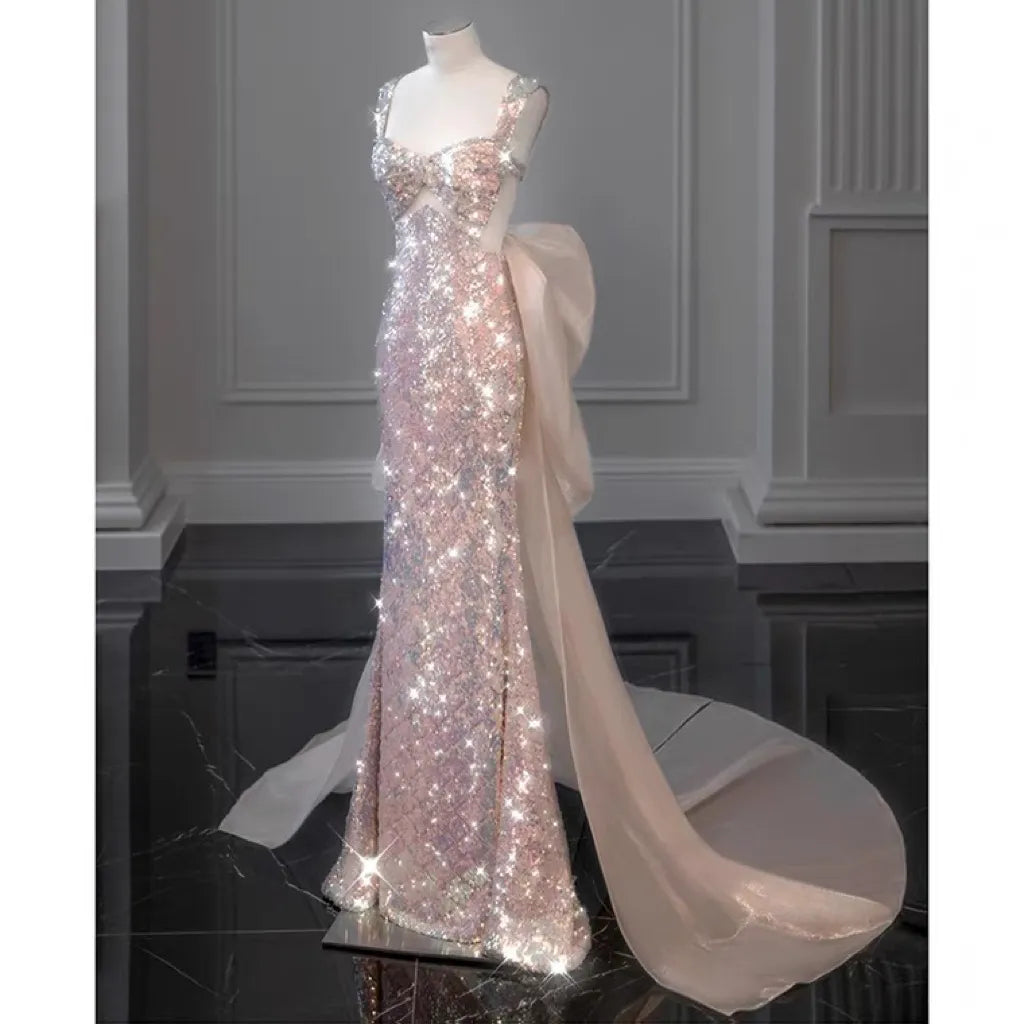 jinran Shiny Pink Mermaid Evening Dresses Bowknot Sequined Beading Detachable Tailing Halter Collar Customize Luxury Prom Gowns 2024