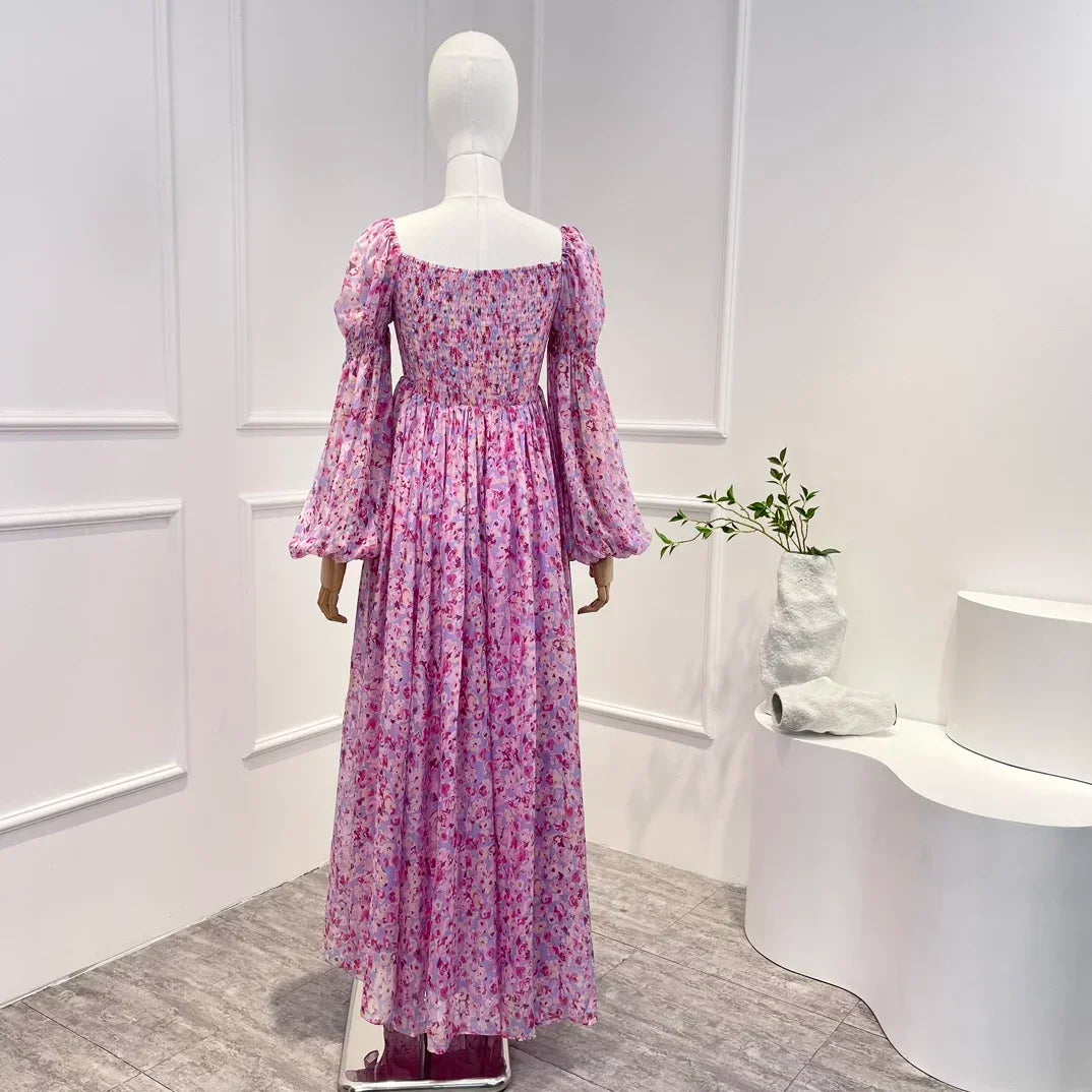 jinran 2024 New Floral Shirred Patchwork Puff Long Sleeves High Waist Chic Silk Maxi Dresses for Women