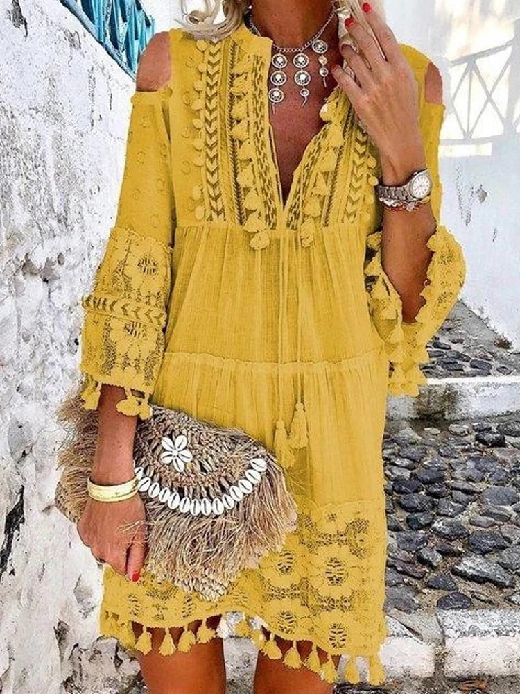 jinran New Spring Embroidery Crochet Lace Boho Dress Women Elegant Off Shoulder Tassel Ruffle Mini Dress Summer V Neck Lady Beach Dress