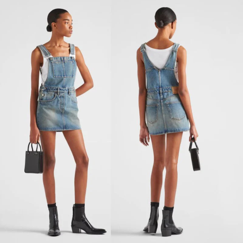 jinran 2024 Actual Pictures Fashion Brand Women's Denim Skirt Metal Triangle Label Camisole Vest One-piece Dresses Back Dresses