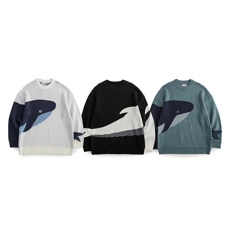 Men Harajuku Knitted Sweater Whale Cartoon Print Pullover Japanese College O-Neck Sweaters Oversized Couple Top Autumn Winter