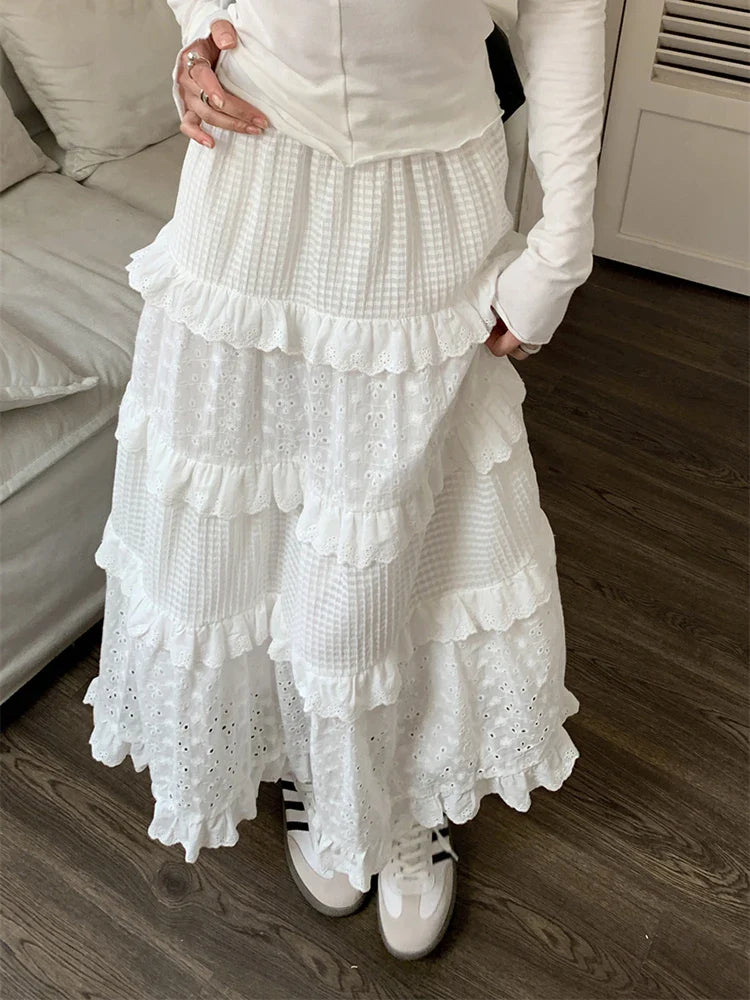 jinran High quality White Cute Skirts for Women Summer High Waisted A-line Skirt Long Skirt Hook Flower