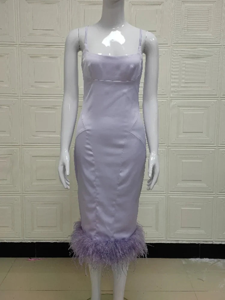 jinran Feather Tassel Spaghetti Strap Backless Long Dress Women Summer New Sleeveless Backless Bodycon Club Party Dress