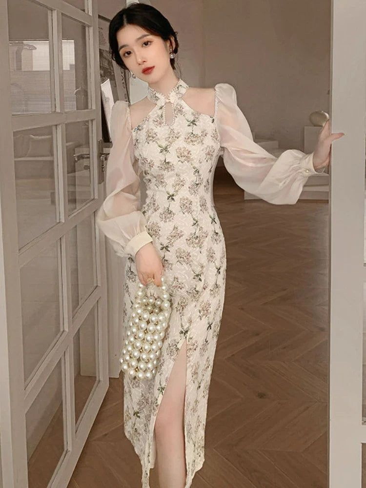 jinran Vintage Elegant Cheongsam Dress Women Floral Embroidery Design Party Fairy Dress Female 2024 Spring Court Retro Long Split Dress