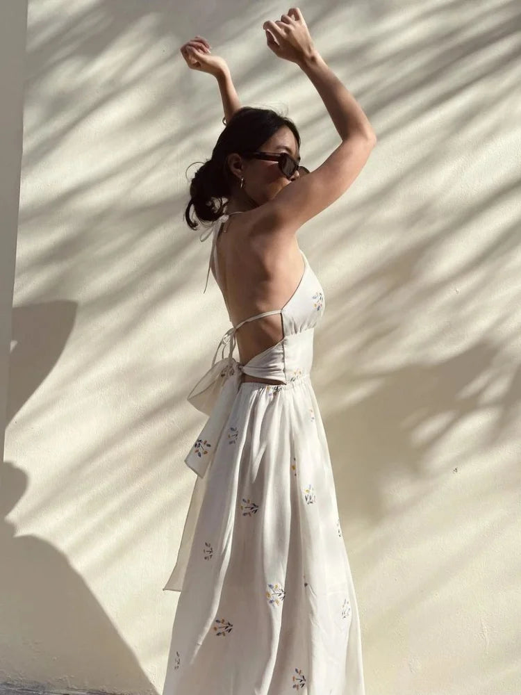 Korean style Women Summer Sleeveless Cotton Hemp Halter Neck Dress Daisy Embroidery Backless Lace Up Midi Holiday Dress