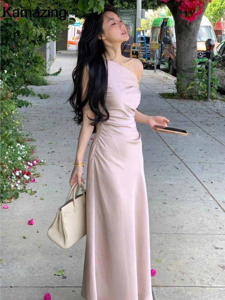 jinran Women Elegant Solid Evening Party Dresses Summer Fashion Korean Graduation Formal Dress Off Shoulder Slim Vestidos Clothing