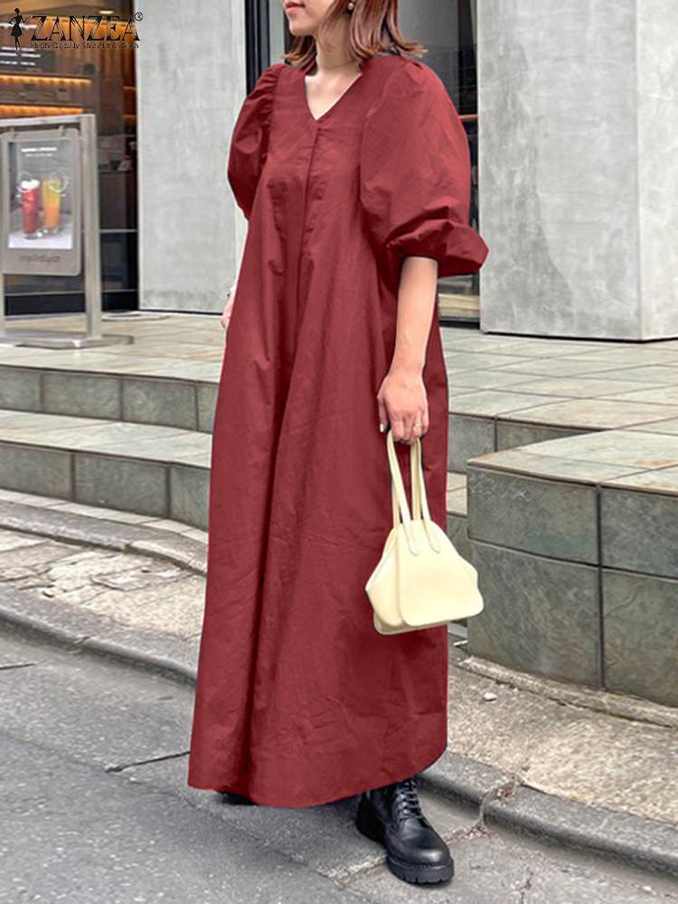 jinran Women Casual V Neck Solid A-Line Vestido 2022 Fashion Long Puff Sleeve Sundress Holiday Dress Retro Kaftan Dress Oversize