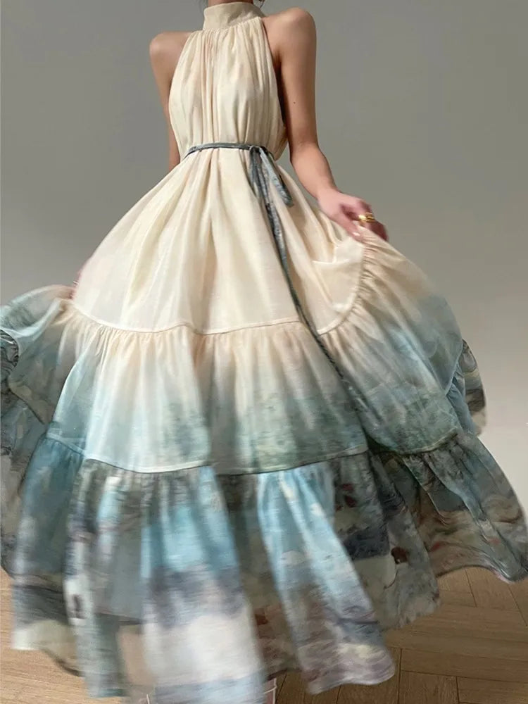 jinran New Chinese Style Print Long Dresses for Women Summer Sleeveless Halter Loose A-line Evening Party Dress Prom Robe Vestidos
