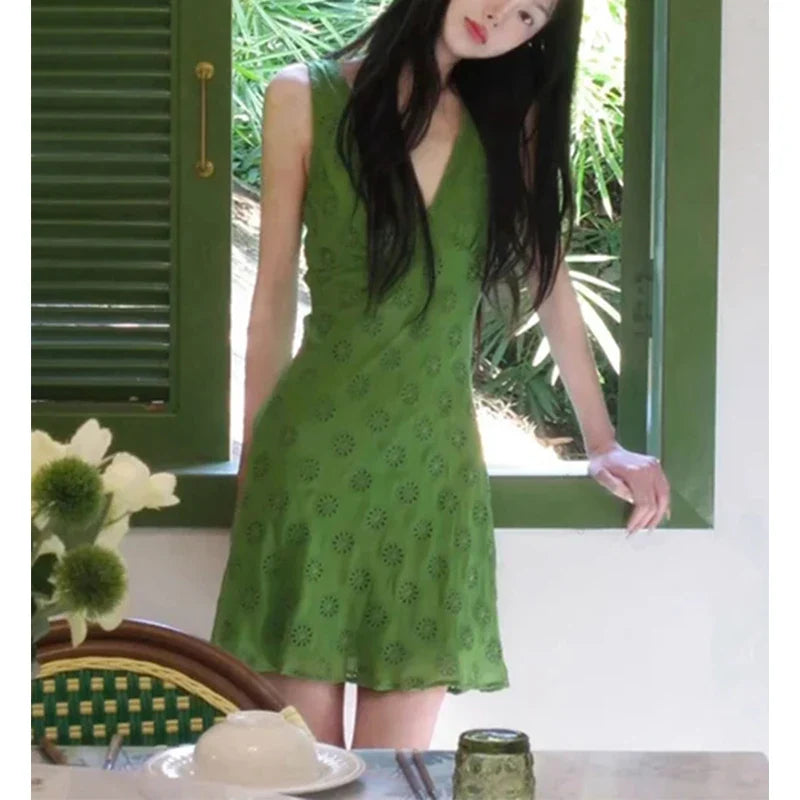 jinran Vintage Green Mini Dress Women Sexy V Neck Strap One Pieces Dresses Summer Vacation Party Bodycon Sundress Korean Vestidos New