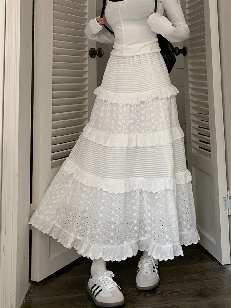 jinran High quality White Cute Skirts for Women Summer High Waisted A-line Skirt Long Skirt Hook Flower