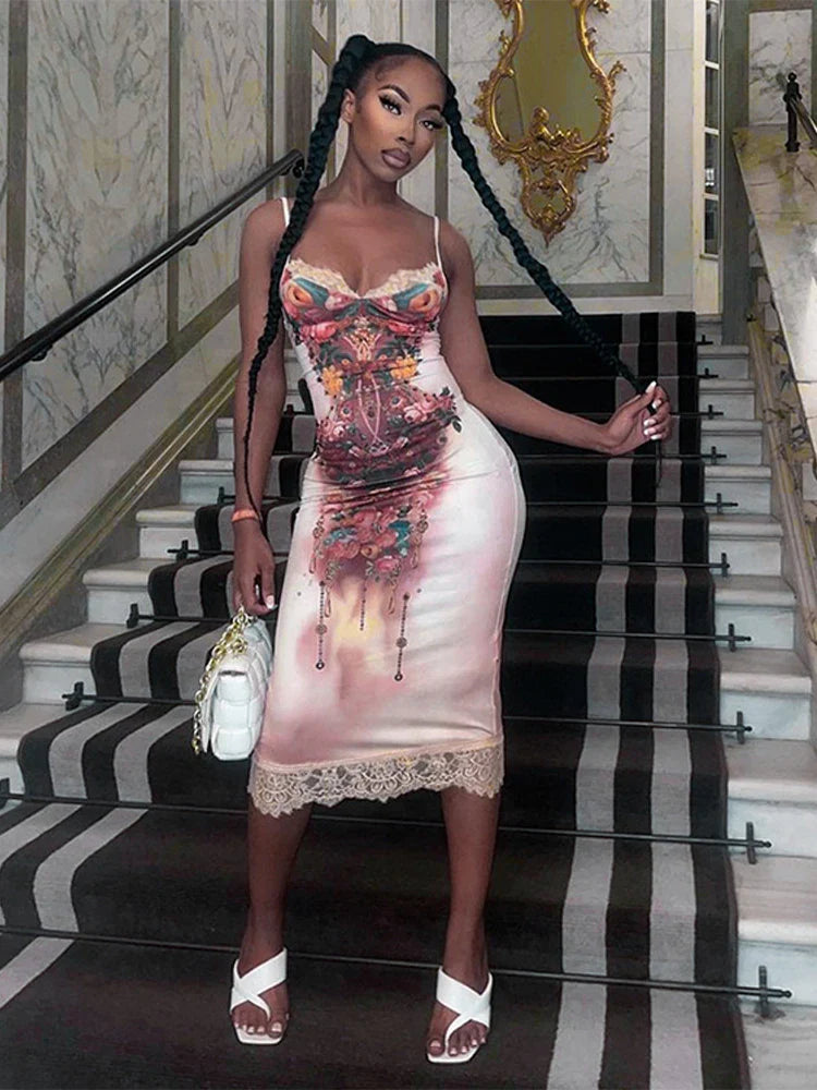 jinran 2024 New Sexy Floral Printed Mesh Sheer Women's Elegant Backless Slim Strapless Female Summer Party Club Street Vestidos