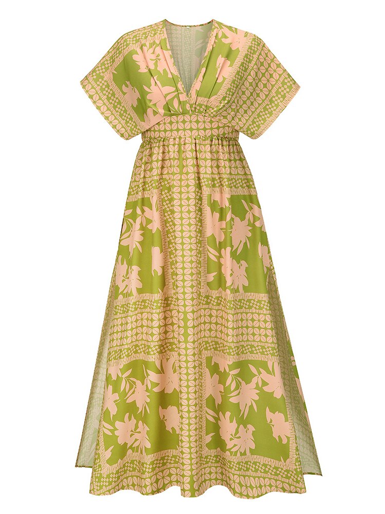 jinran Summer Split Dress Female Bat Sleeve V-neck Printed Large Swing Skirt Bohemian Beach Skirt Dress for Women Robe Dresses Women
