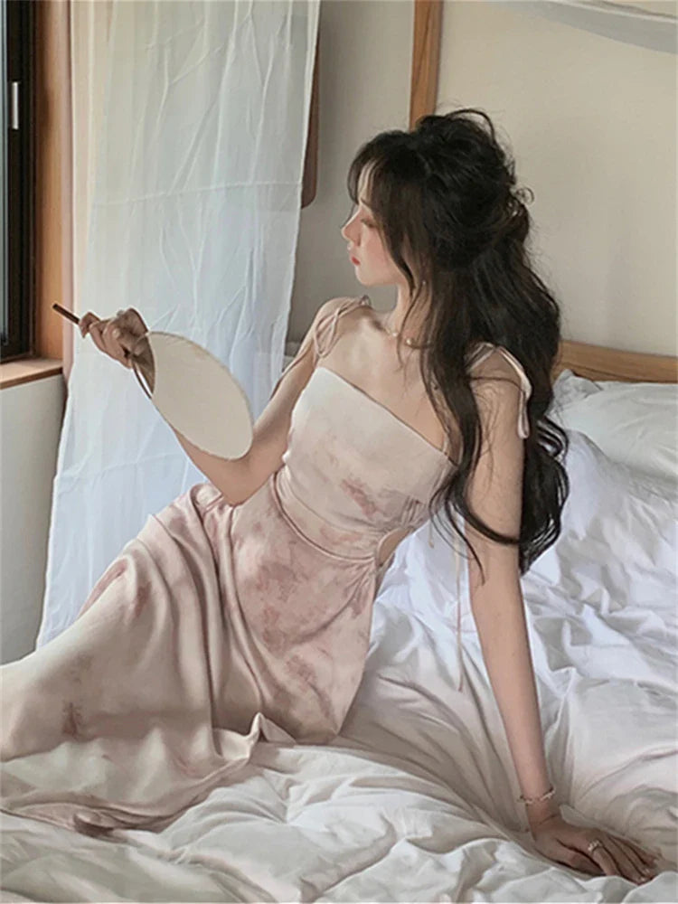 jinran Sexy Satin Midi Dress Women Spaghetti Strap Backless Summer Holiday Slim Vintage Wedding Prom Robe One Piece Vestidos Mujer New