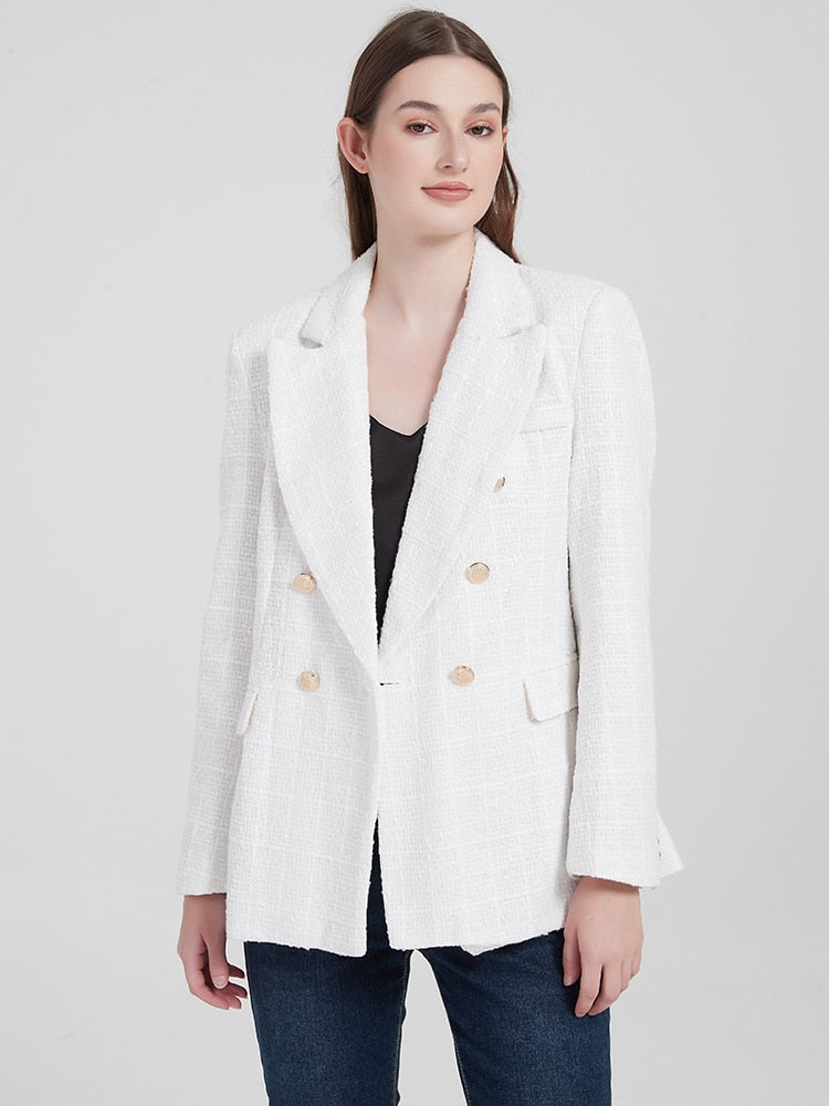 jinran Women Solid Tweed Double Breasted Blazer Coat Long Sleeve Pockets Outerwear Female Spring New Tops CD8395