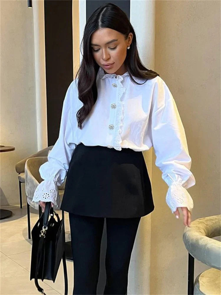 nvxiot - Female Glitter Ruffled Shirts Top Inner Patchwork Long Sleeve Casual Commute Clothes Hollow Out Elegant Women's Blouses