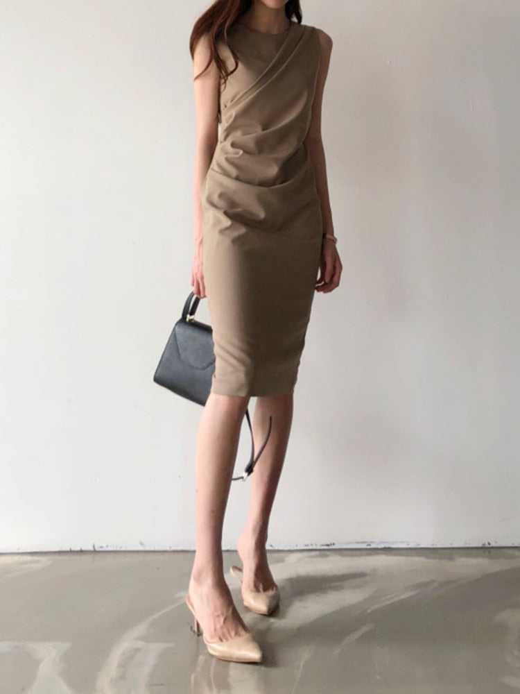 jinran Elegant Women Office Dress New Summer Sleeveless Bodycon Dresses Retro Women Midi Solid Black Long Robe Vestidos Mujer