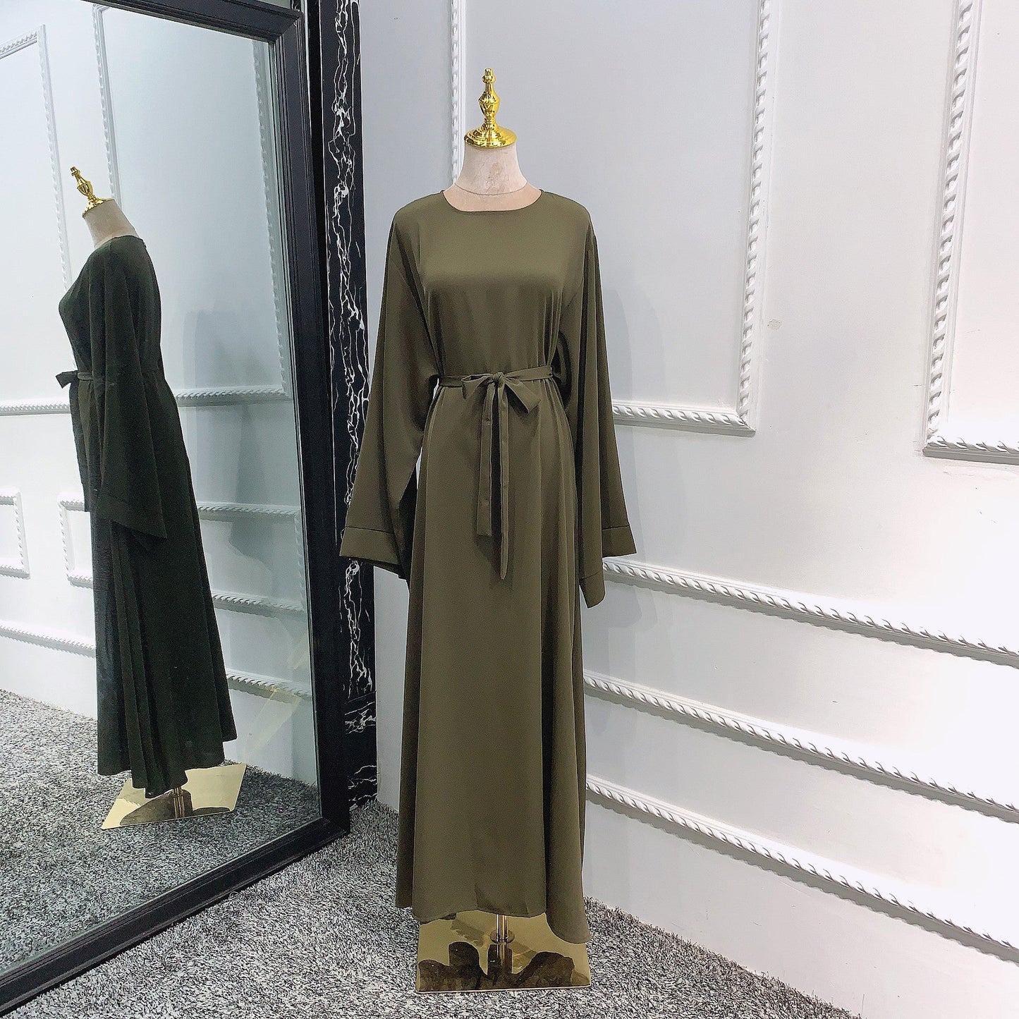 jinran Summer Elegant Solid Color Colorful Temperament Long Skirt Ladies Open Shouder Robe Satin Large Size Belt Muslim Woman Abaya