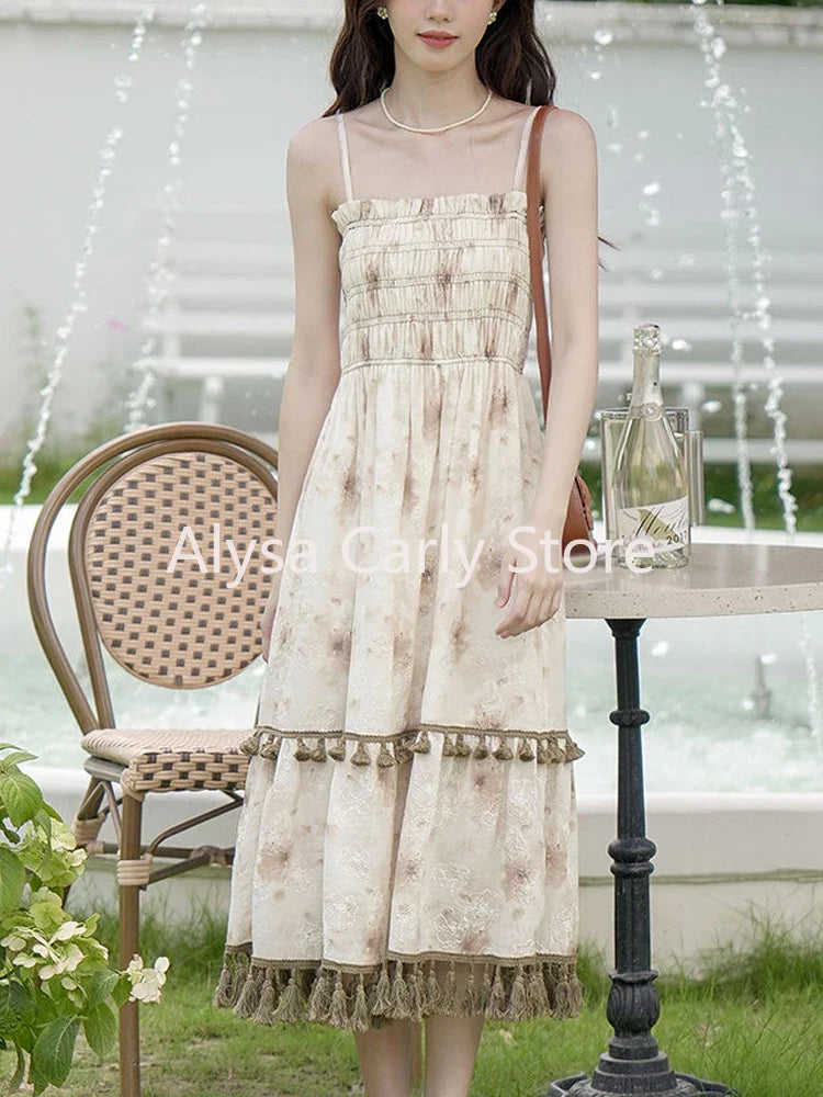 jinran 2024 Autumn Vintage Elegant Slip Dress Women Casual Fashion Korean Style Floral Dress Female Beach Evening Party Vacation Dress