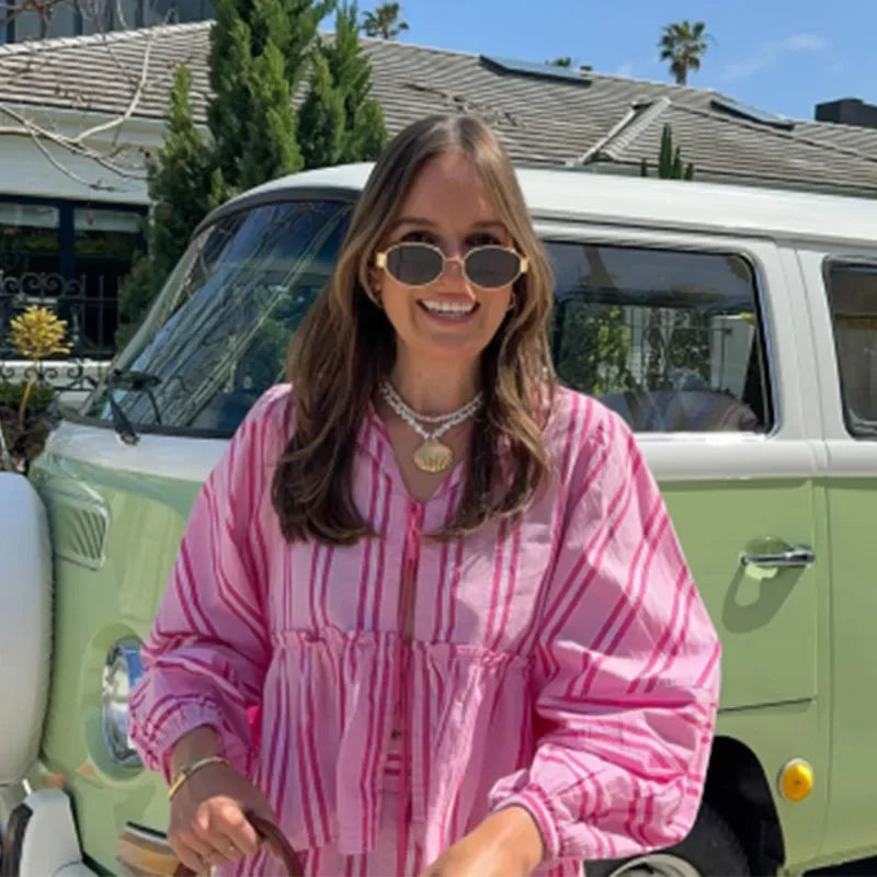 jinran Striped Lace Up Shorts Suit Women Ruffles Hollow Out Long Puff Sleeve Shirt Wide Leg Short Pant Sets 2024 Summer Holiday Outfit