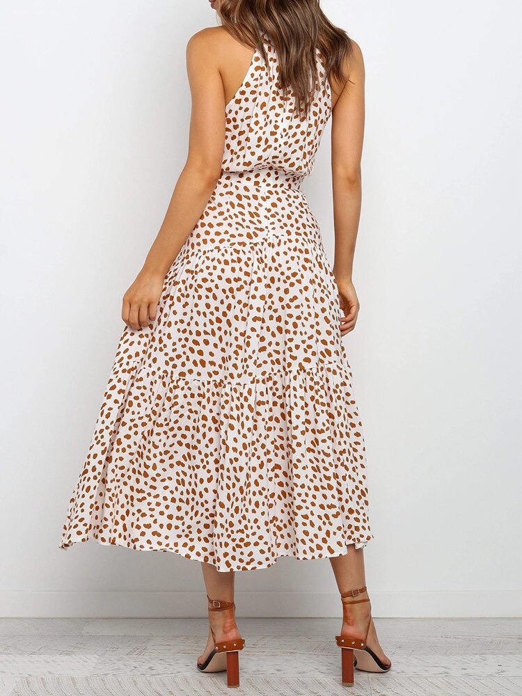 jinran Polka Dots Vintage Women Summer Halter Maxi Boho Dress Sleevless Navy Blue Floral Print Long Sash Beige A-line Beach Casual Robe