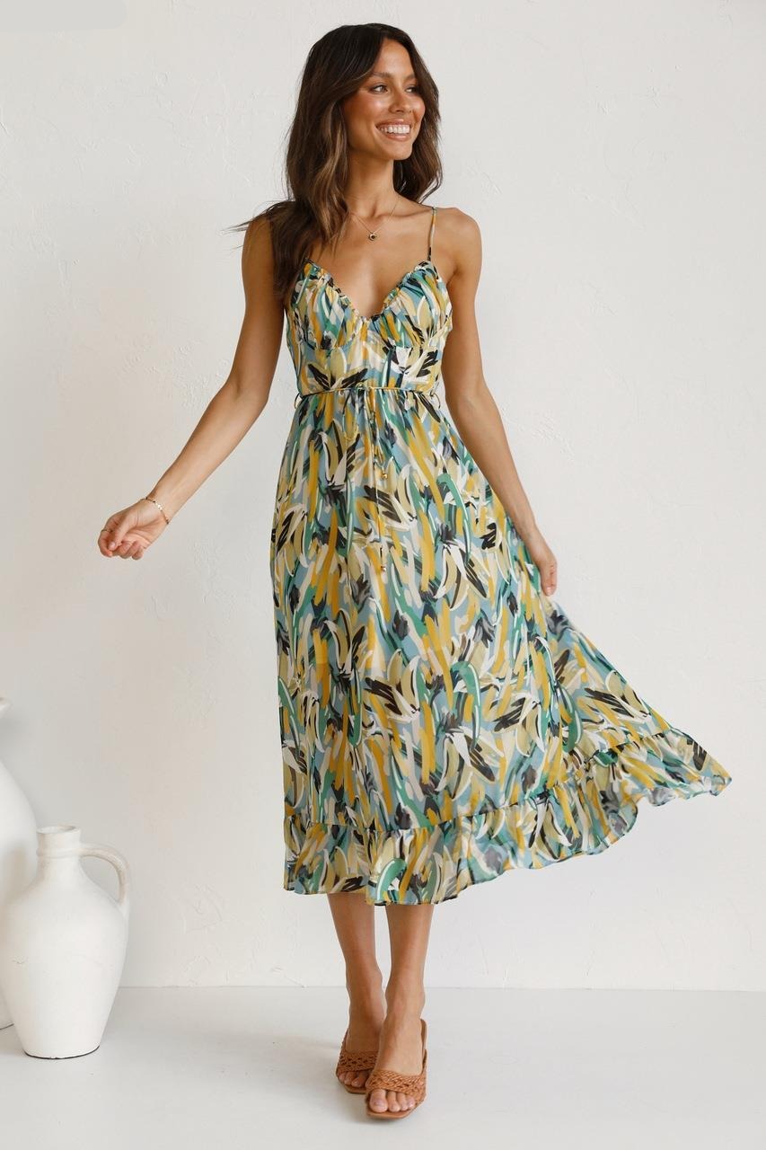 jinran Summer new women's fashion casual color print halter sleeveless deep v waist dress