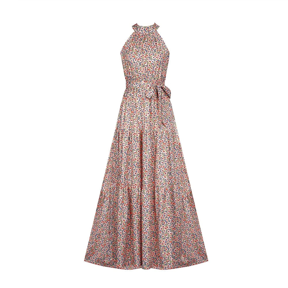 jinran Polka Dots Vintage Women Summer Halter Maxi Boho Dress Sleevless Navy Blue Floral Print Long Sash Beige A-line Beach Casual Robe