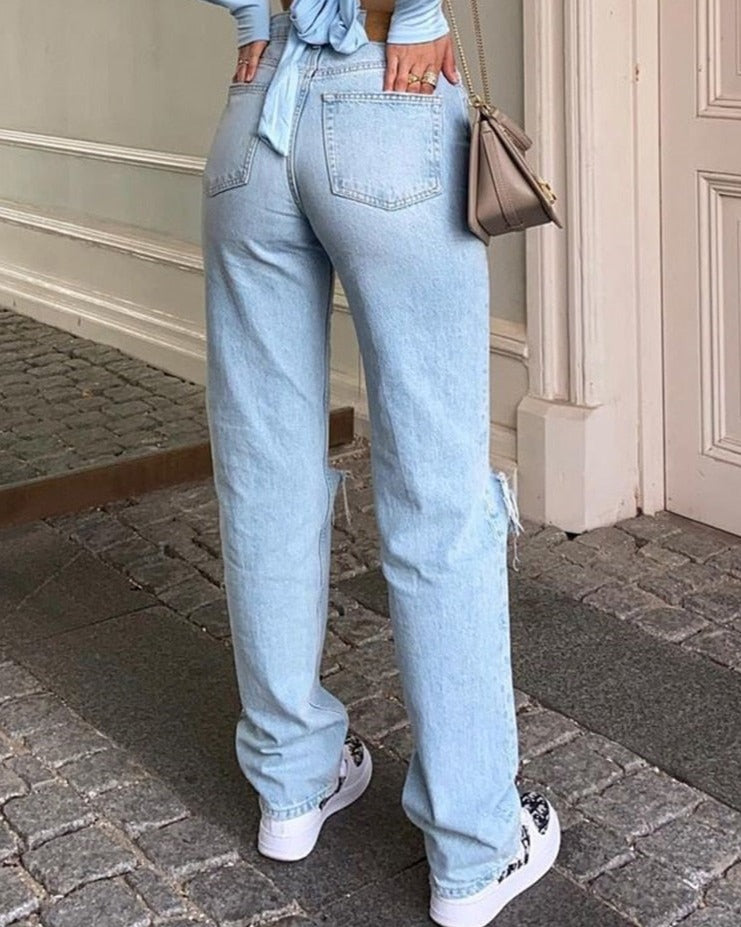 jinran Womens Loose Fit Jeans Ripped Wide Leg For Women High Waist Blue Wash Casual Cotton Denim Trousers Summer Baggy Jean Pants