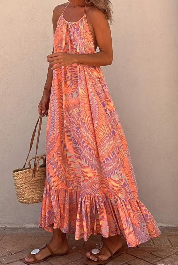 jinran summer new women's fashion casual temperament print sleeveless halter leaky back patchwork dress