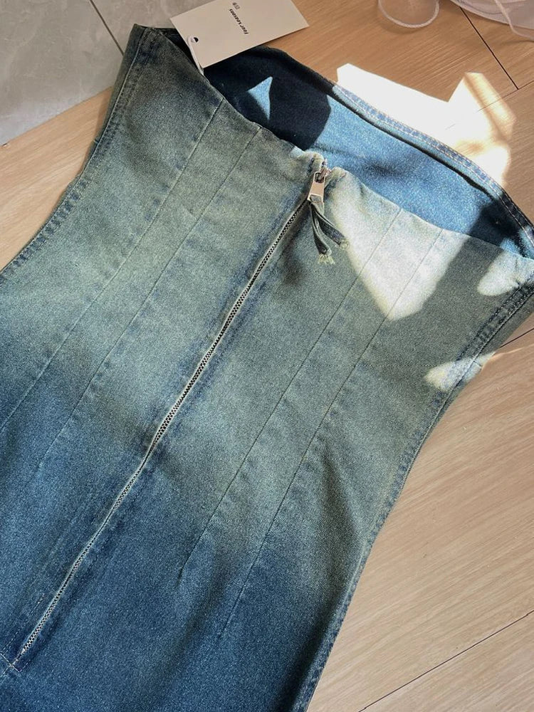 jinran Sexy Backless Zipper Split Dress Party Blue Denim Female Long Dress for Women Clothes Summer Gradient Bandeau Denim Dresses 2024