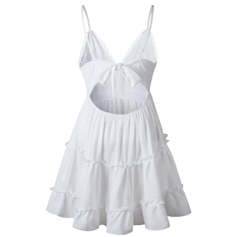 jinran Summer A-Line Beach Dress Spaghetti Strap Lace Floral White Mini Dresses Ruffles Backless Holiday Sundresses Women