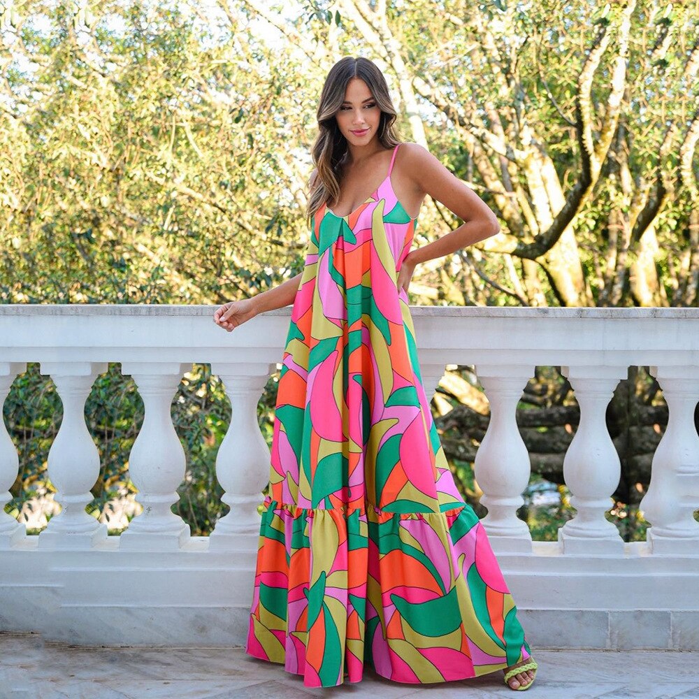 jinran New Women's Deep V Backless Dress Bohemian Floral Suspender Long Skirt Summer Dresses Skirts Woman Clothing Trend Clothes
