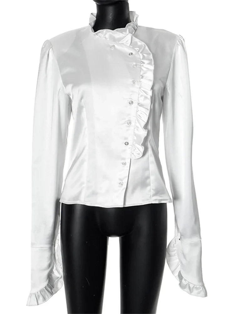 nvxiot - Fall Outfits 2024 White Ruffled Vintage Shirts For Women Patchwork V-Neck Long Sleeve Autumn 2024 Elegant Streetwear Female Cardigan Blouses