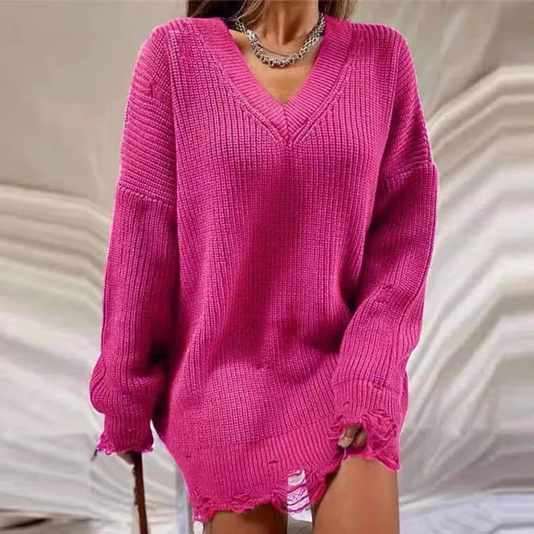 jinran Women Ripped Hole Knit Dress Autumn Winter Long Sleeve Mini Sweater Dresses Casual Loose Oversize Knitted Short Dresses