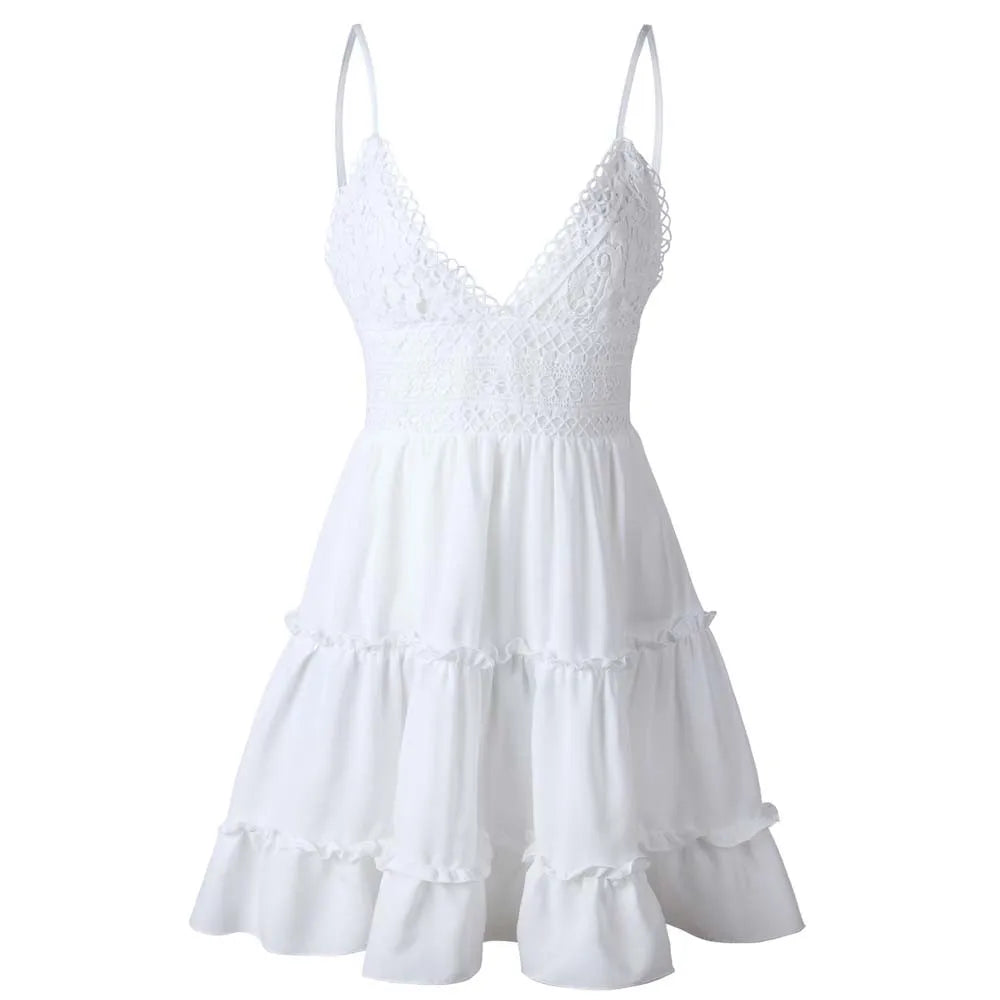 jinran Summer A-Line Beach Dress Spaghetti Strap Lace Floral White Mini Dresses Ruffles Backless Holiday Sundresses Women