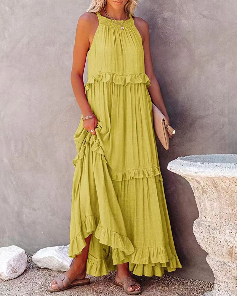 jinran Ruffles Navy Blue A-line Loose Casual Maxi Long Summer Women Dress Halter Sleeveless Robe Party Vestidos