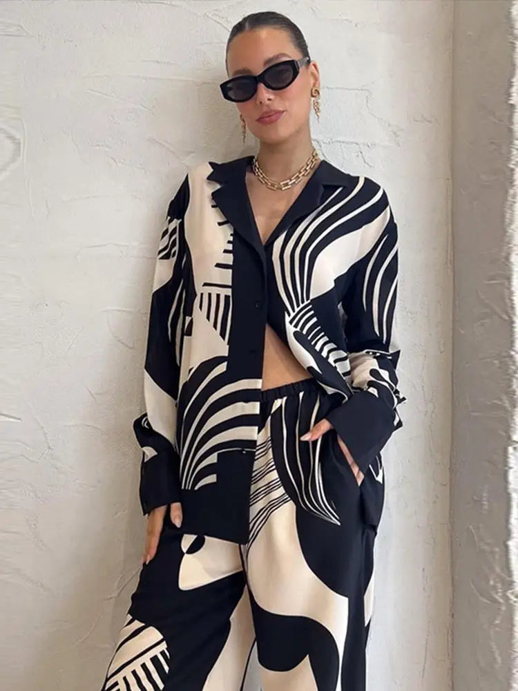 jinran Women Digital Printed Two-piece Set Chic Lapel Long Sleeved Top Loose Straight Leg Pants Suit 2024 Fashion Lady High Streetwear