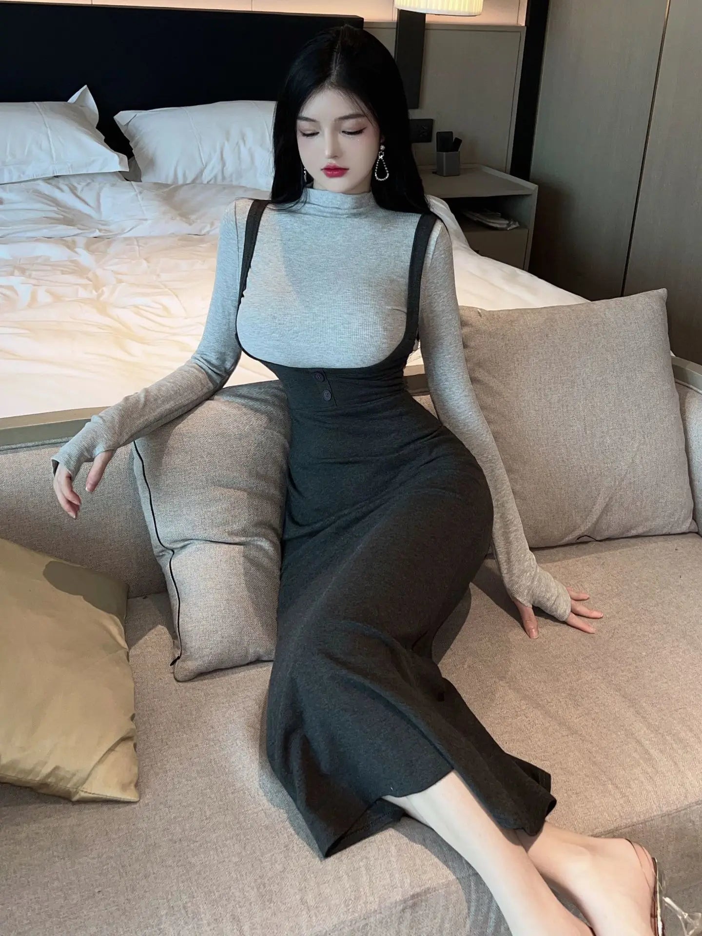 jinran 2024 Spring Autumn Women's Mature Sexy Spicy Girl Long Sleeve Knitted Top Slim Wrap Hip Half Dress Fashion Two Piece Set 0GKC