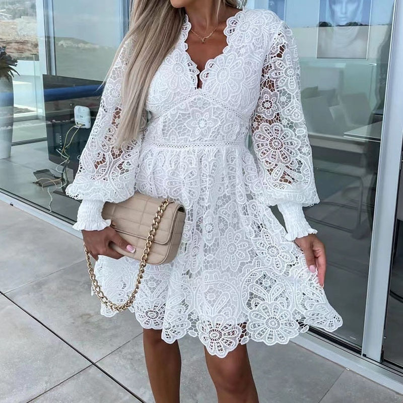 jinran Summer Loose Vintage Solid Color Lace Dress Fashion V-Neck Flare Sleeve Embroidery Dress Women New Hollow Out Pattern Mini Dress