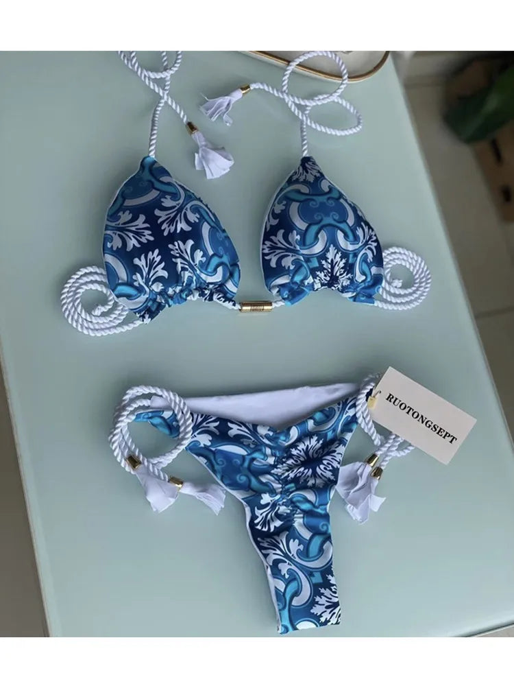 jinran Swimwear Thong Bikini Set 2024 New Blue Swimsuits Woman Sexy Bathing Suits Bikinis Triangle Bandage Female Beachwear Bikini