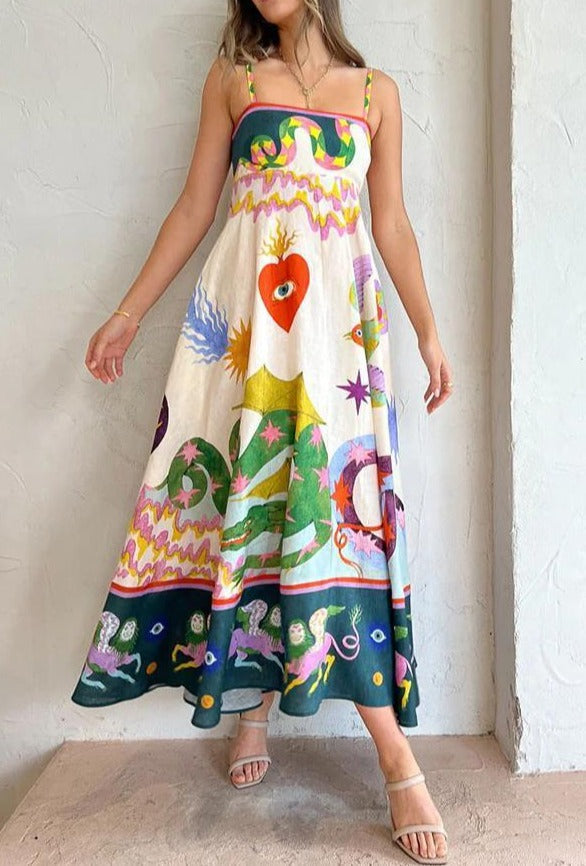 jinran summer new women's fashion casual ribbon color printed sleeveless dress