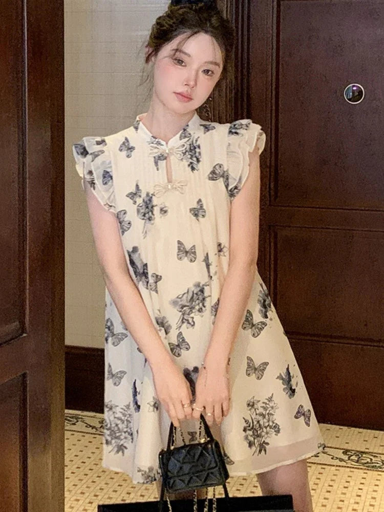 jinran Elegant Dresses for Women Summer New Chinese Style Butterfly Print Casual Party Dress Female Vintage Vestido Prom Robe 2024