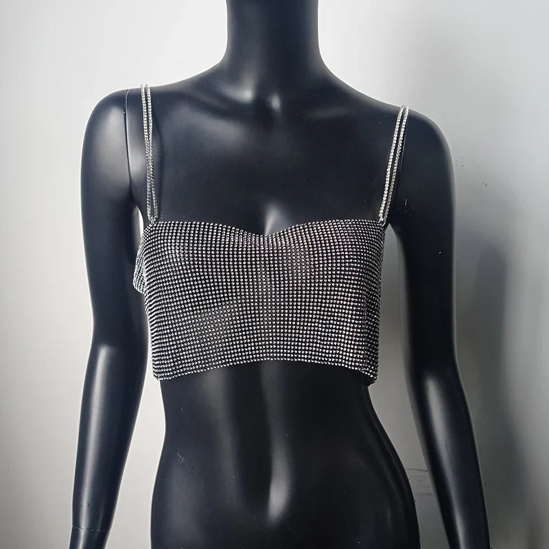 jinran Women Summer Shiny Crystal Chain Tank Top Silver Metal Mesh Halter Metallic Strap Crop Tops Vest Party Clubwear Outfits