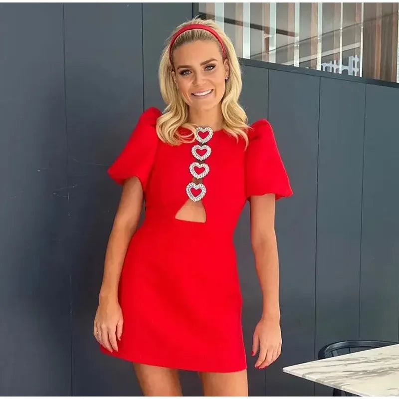 jinran Bow Hollow Out Red Black Mini Dress Women Sexy Puff Sleeve O-neck Party Dresses 2024 Summer New Elegant Shinny Robe Vestidos
